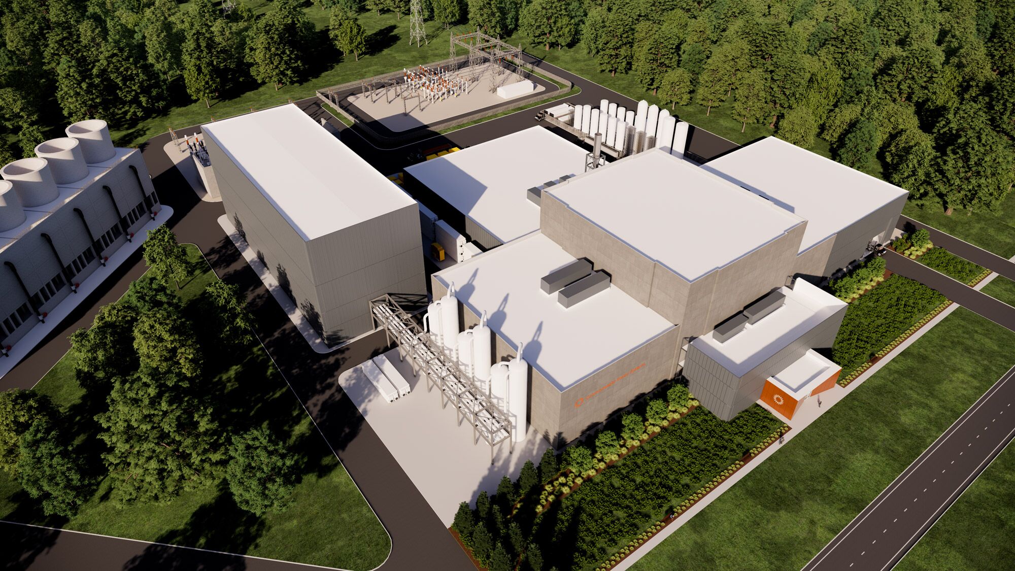 An illustration of the Commonwealth Fusion Systems ARC power plant in Chesterfield County, Virginia, a collection of blocky buildings surrounded by a forest.