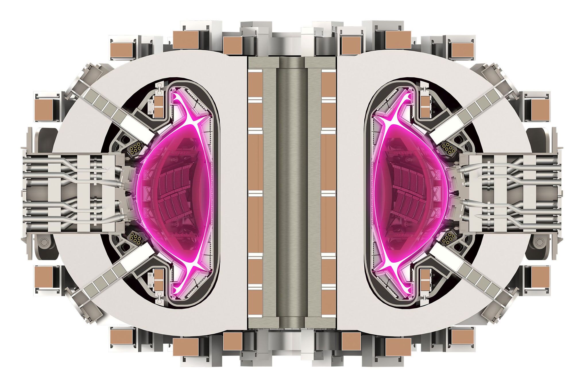 A cross section of Commonwealth Fusion Systems' SPARC tokamak illustrates the fusion process, with a pink glowing region showing the superhot plasma inside the donut-shaped machine.