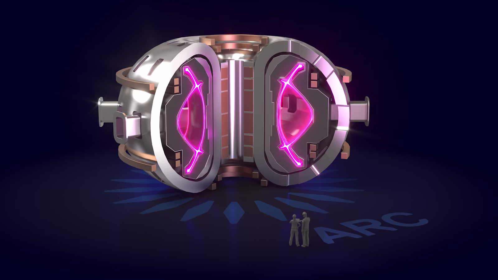 An illustration of the ARC tokamak with two bystanders for size comparison