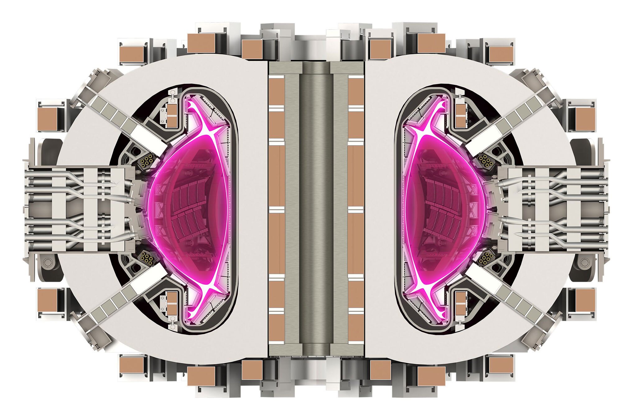 A cross section of Commonwealth Fusion Systems' SPARC tokamak illustrates the fusion process, with a pink glowing region showing the superhot plasma inside the donut-shaped machine.