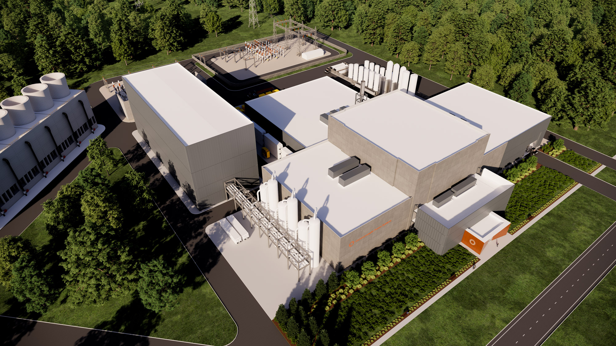 An illustration of the Commonwealth Fusion Systems ARC power plant in Chesterfield County, Virginia, a collection of blocky buildings surrounded by a forest.