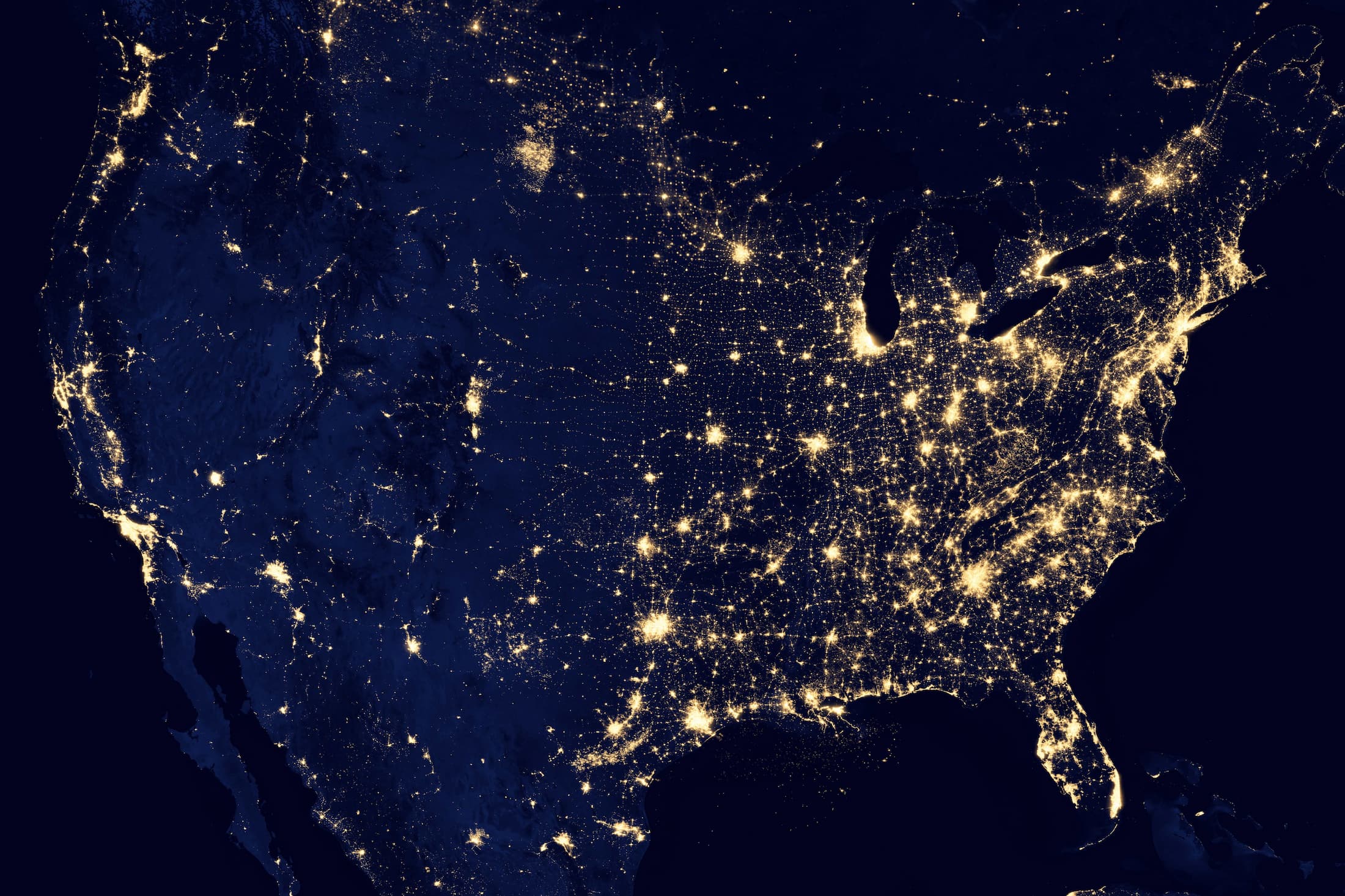 Satellite photo of the United States at night