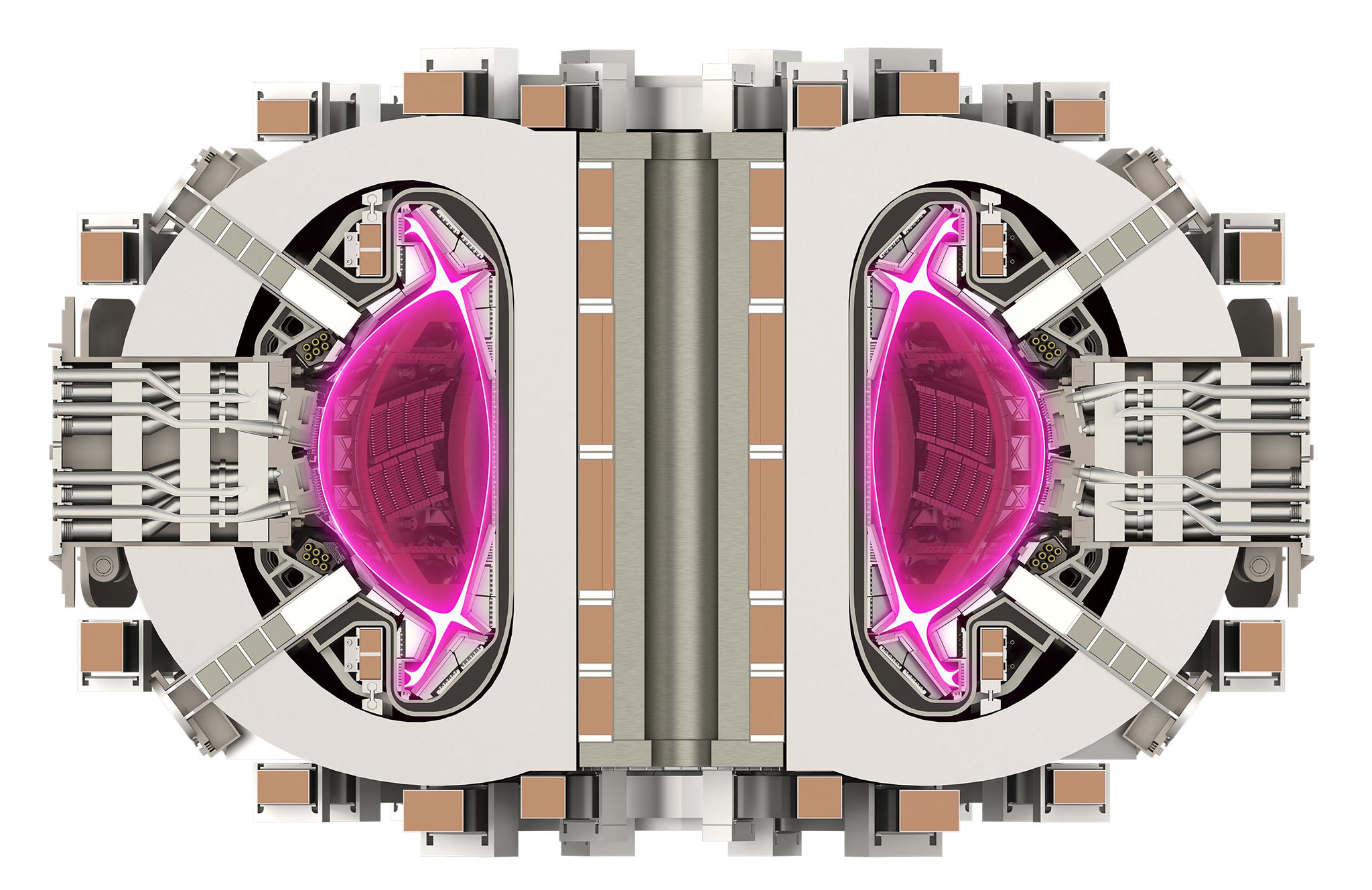A cross section of Commonwealth Fusion Systems' SPARC tokamak illustrates the fusion process, with a pink glowing region showing the superhot plasma inside the donut-shaped machine.