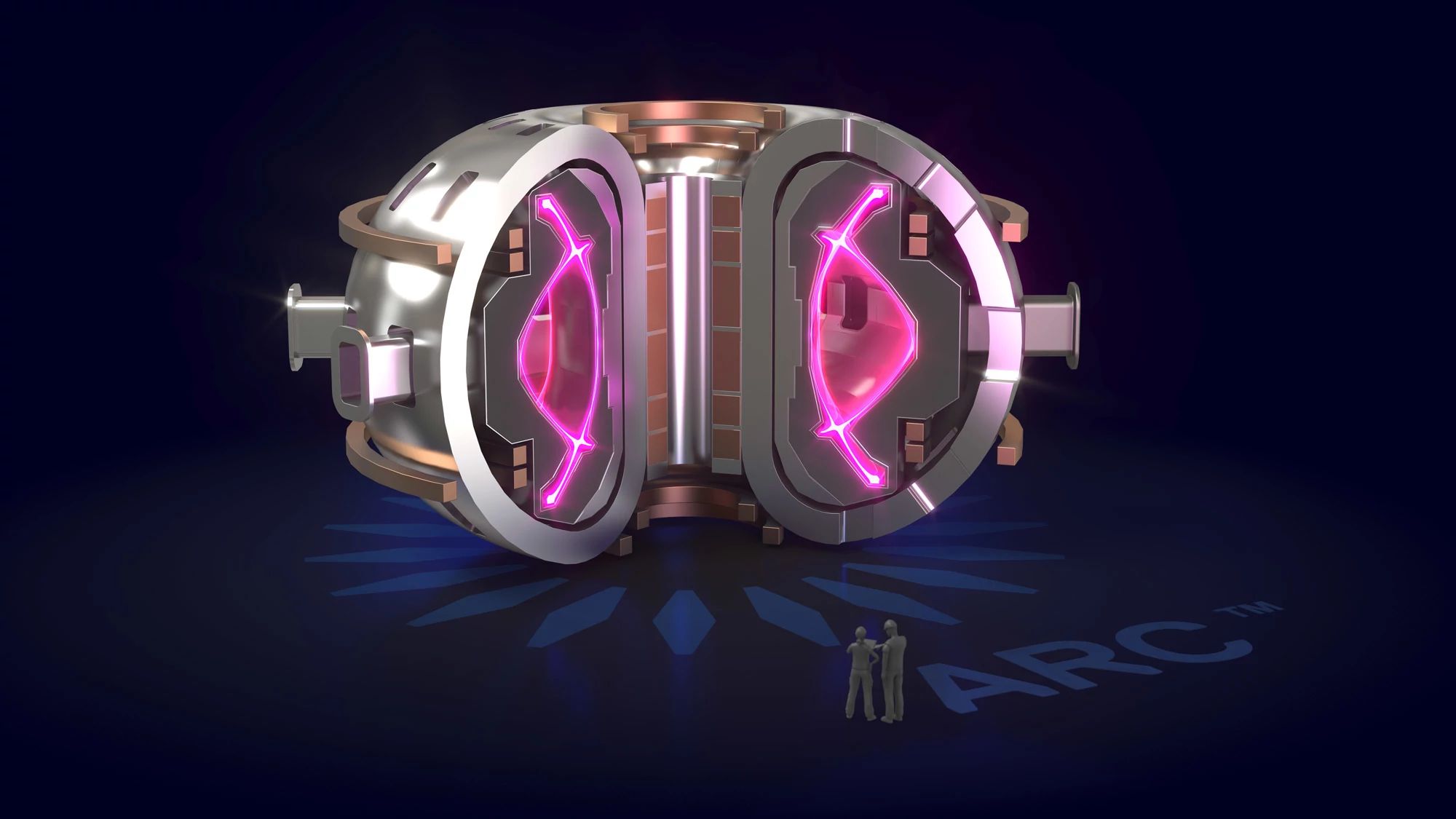An illustration of the ARC tokamak with two bystanders for size comparison